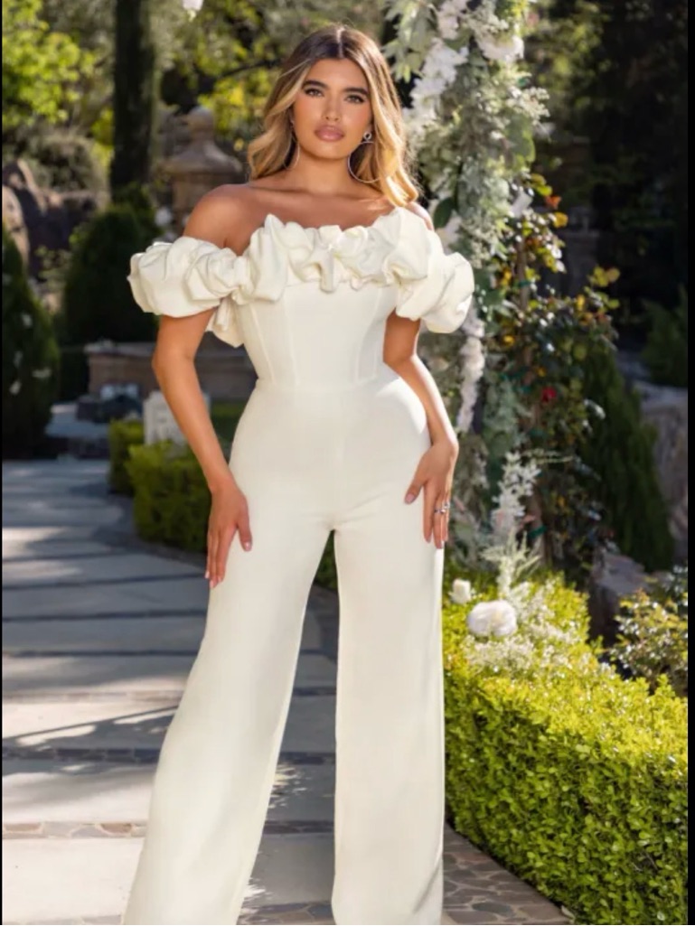 Club L London Off-Shoulder Ruffle Wide-Leg Jumpsuit In Cream